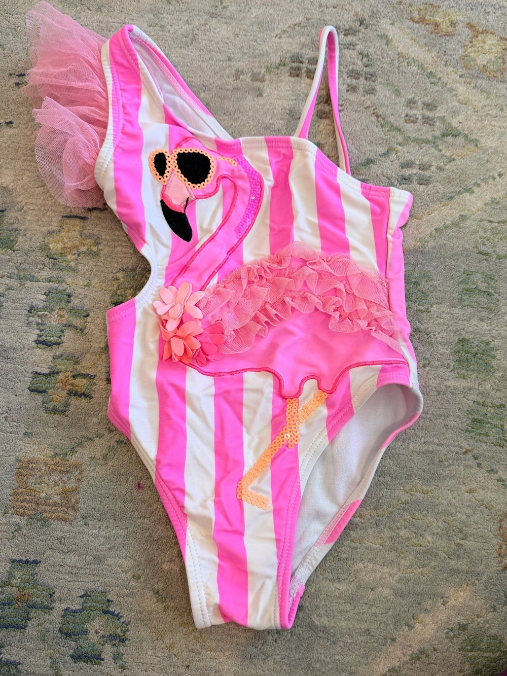 Flapdoodles Pink & White Striped One-Piece Swimsuit with Tulle Ruffle